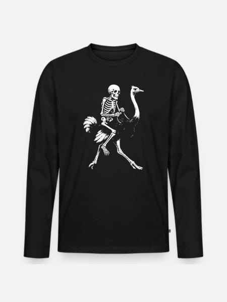 Eerie Skeleton on Flying Ostrich Illustration - Men's Premium Organic Long Sleeve Shirt - black