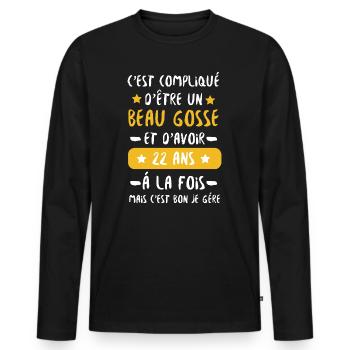 Beau gosse 22 ans, Humour anniversaire - T-shirt manches longues Premium bio Homme - noir - Devant - Nico (187cm)