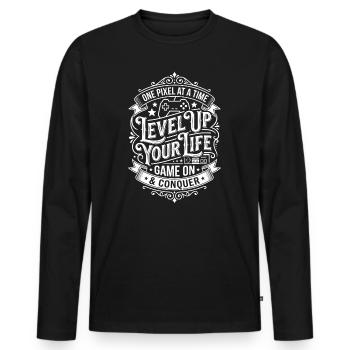 Level Up Your Life Gaming Badge - Männer Premium Bio Langarmshirt - Schwarz - Vorne - Nico (187cm)
