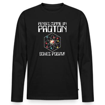 Pensez comme un proton soyez positif - T-shirt manches longues Premium bio Homme - noir - Devant - Nico (187cm)