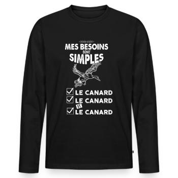 Humour chasse au canard, cadeau chasseur - T-shirt manches longues Premium bio Homme - noir - Devant - Nico (187cm)
