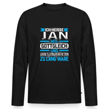 JAN - Gottgleich - Männer Premium Bio Langarmshirt - Schwarz - Vorne - Nico (187cm)