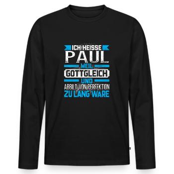 PAUL - Gottgleich Geschenk - Männer Premium Bio Langarmshirt - Schwarz - Vorne - Nico (187cm)