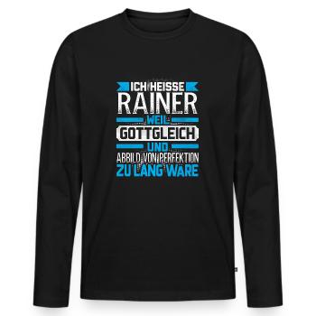 RAINER - Gottgleich Geschenk - Männer Premium Bio Langarmshirt - Schwarz - Vorne - Nico (187cm)