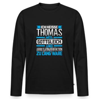 THOMAS - Gottgleich - Männer Premium Bio Langarmshirt - Schwarz - Vorne - Nico (187cm)