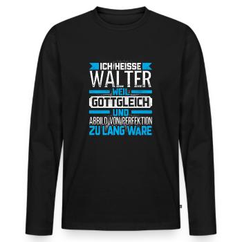 WALTER - Gottgleich - Männer Premium Bio Langarmshirt - Schwarz - Vorne - Nico (187cm)