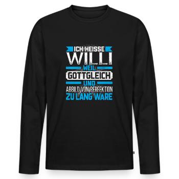 WILLI - Gottgleich - Männer Premium Bio Langarmshirt - Schwarz - Vorne - Nico (187cm)