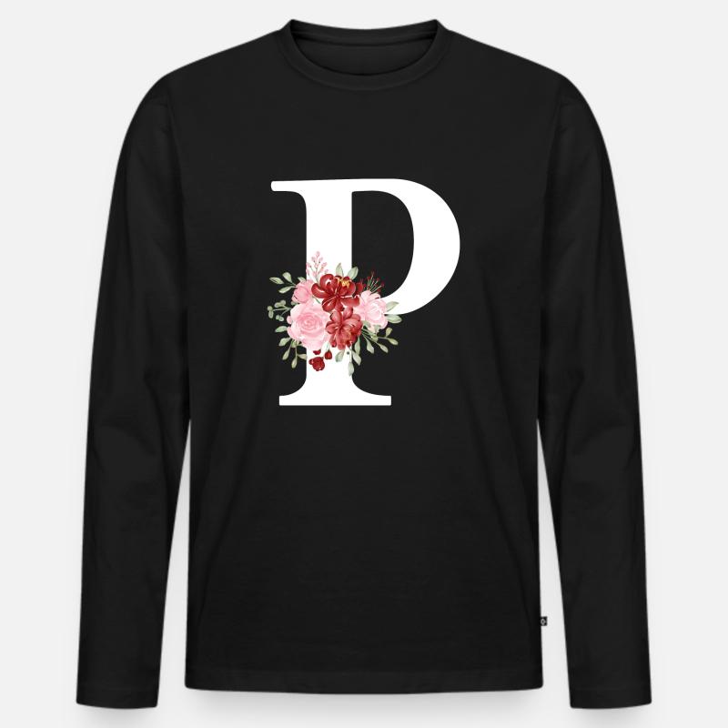 Roter Blumenbuchstabe P - Männer Premium Bio Langarmshirt - Schwarz