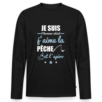 Homme idéal Pêche, idée cadeau pêcheur - T-shirt manches longues Premium bio Homme - noir - Devant - Nico (187cm)