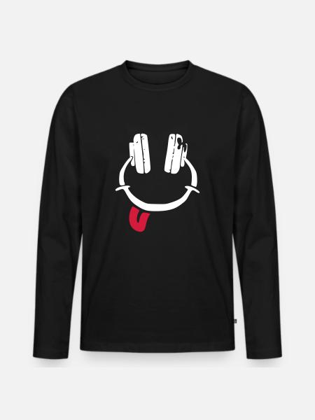 Kopfhörer - Smiley - Zunge - Männer Premium Bio Langarmshirt - Schwarz