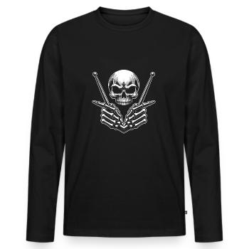 Skull mit Drumsticks in Knochenhänden - Männer Premium Bio Langarmshirt - Schwarz - Vorne - Nico (187cm)