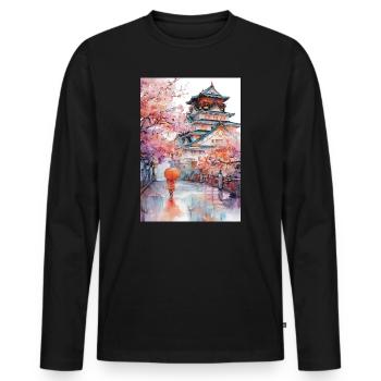 Japanische Pagode und Kirschblüten - Männer Premium Bio Langarmshirt - Schwarz - Vorne - Nico (187cm)