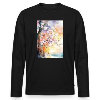 Kirschbäume in Aube Aquarell - Männer Premium Bio Langarmshirt - Schwarz - Vorne - Nico (187cm)