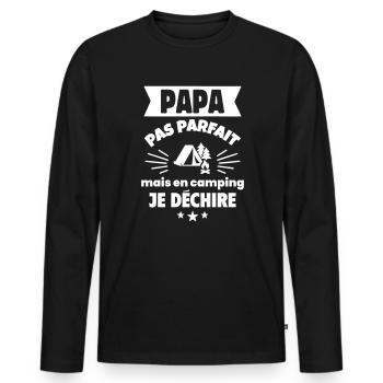 Papa pas parfait camping, cadeau fête des pères - T-shirt manches longues Premium bio Homme - noir - Devant - Nico (187cm)