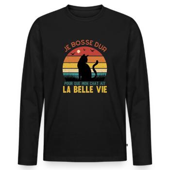 je bosse dur pour que mon chat ait la belle vie - T-shirt manches longues Premium bio Homme - noir - Devant - Nico (187cm)