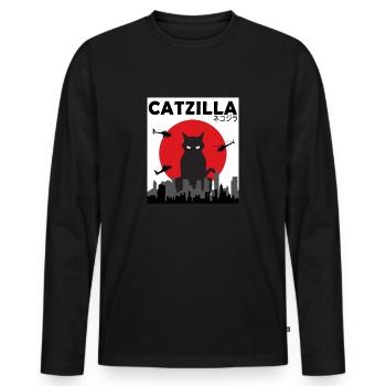 Catzilla Funny Cat Kitten Kitty Lover Japanese - Men's Premium Organic Long Sleeve Shirt - black - Front - Nico (187cm)