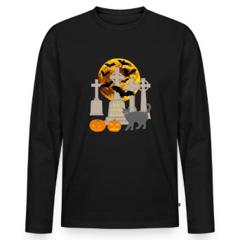 Halloween, Chat, Citrouille, Chauve-souris, Croix celtique - T-shirt manches longues Premium bio Homme - noir - Devant - Nico (187cm)