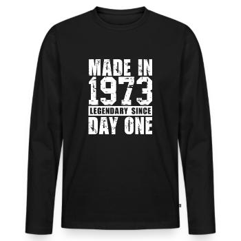 Hergestellt 1973, legendär seit dem ersten Tag - Männer Premium Bio Langarmshirt - Schwarz - Vorne - Nico (187cm)