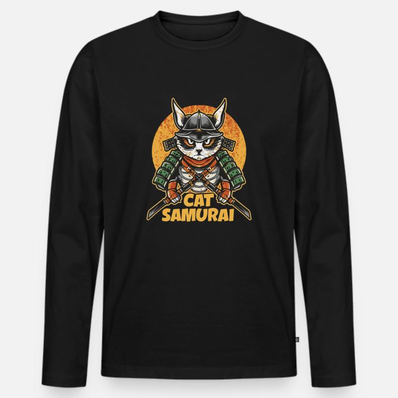 Katze Samurai - Männer Premium Bio Langarmshirt - Schwarz