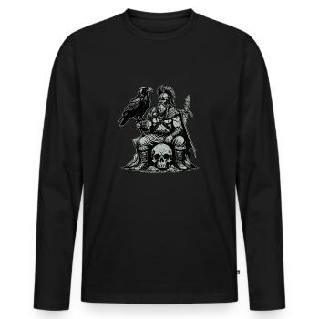 Wikinger mit Schwert und Rabe auf Schädel - Männer Premium Bio Langarmshirt - Schwarz - Vorne - Nico (187cm)