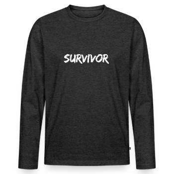 "Survivor" White Brush Font - Men's Premium Organic Long Sleeve Shirt - heather anthracite - Front - Nico (187cm)