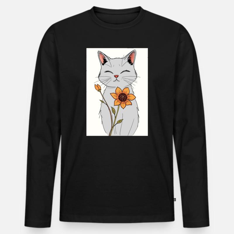 Gelassene Katze mit Sonnenblume - Männer Premium Bio Langarmshirt - Schwarz