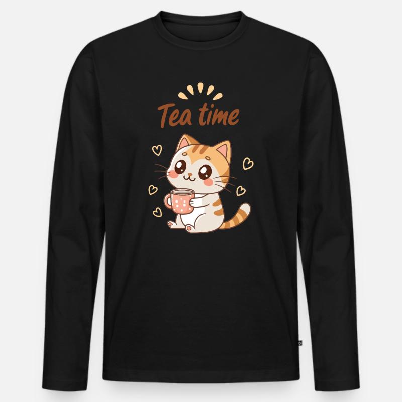 Cute Cat Tea Time Süße Gemütlich - Männer Premium Bio Langarmshirt - Schwarz