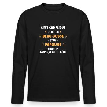Compliqué beau gosse et papoune - T-shirt manches longues Premium bio Homme - noir - Devant - Nico (187cm)