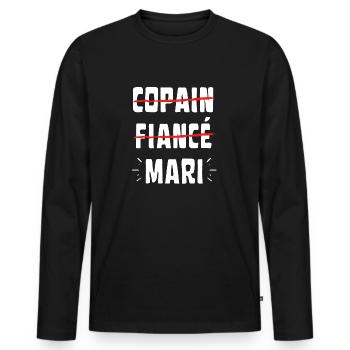 Copain fiancé mari EVG mariage Humour - T-shirt manches longues Premium bio Homme - noir - Devant - Nico (187cm)