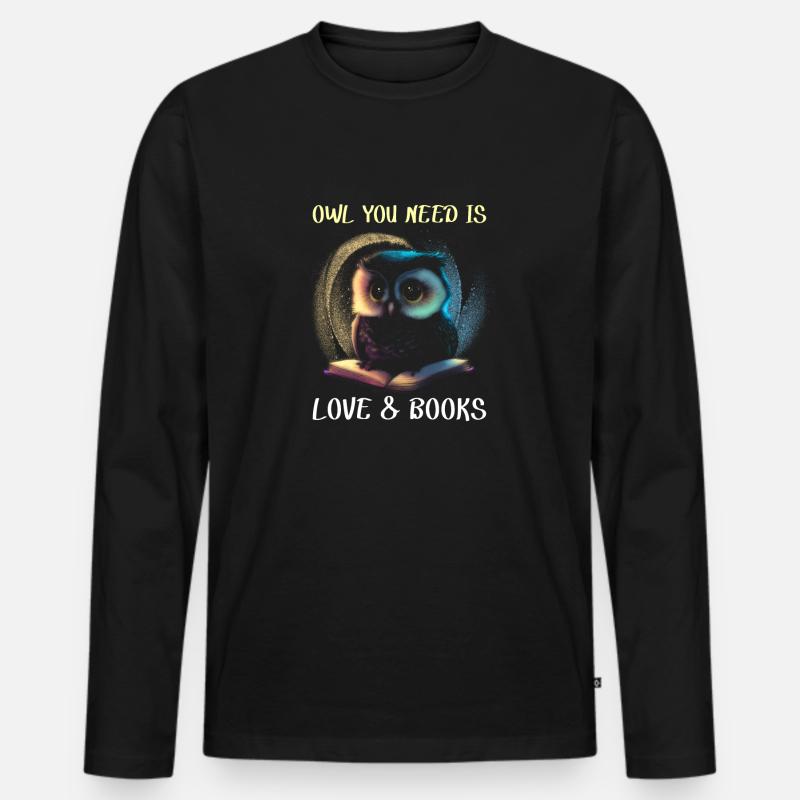 Eule auf dem Buch - Männer Premium Bio Langarmshirt - Schwarz
