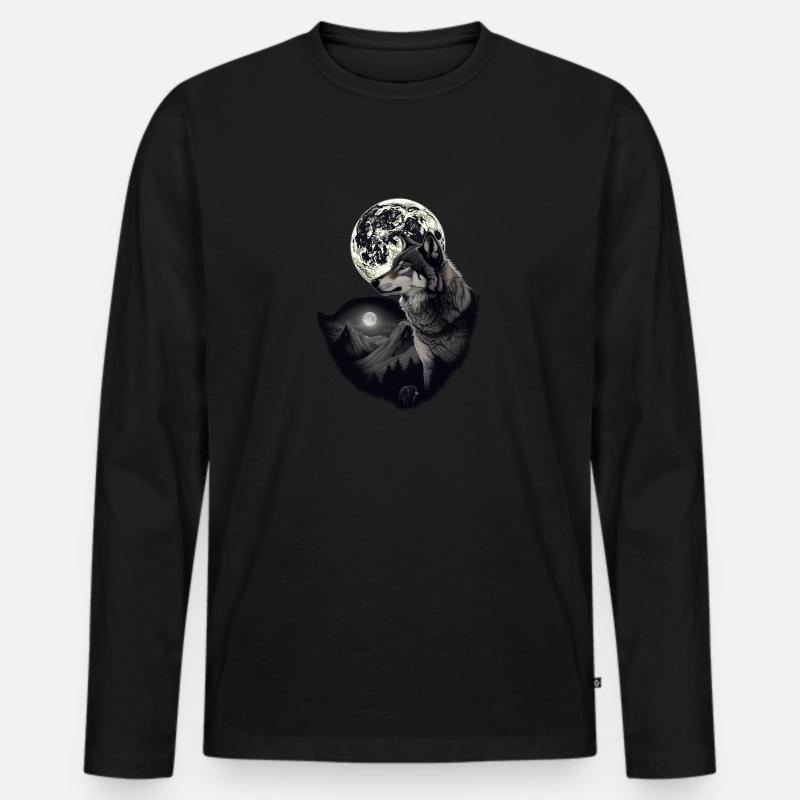 Wald mit Vollmond und grauem Wolf wildes Tier - Männer Premium Bio Langarmshirt - Schwarz