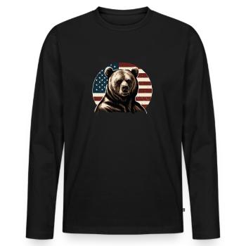 Portrait rond d’un ours devant un drapeau américain - T-shirt manches longues Premium bio Homme - noir - Devant - Nico (187cm)
