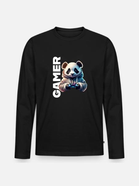 Gamer lettering with cool panda - Men's Premium Organic Long Sleeve Shirt - black