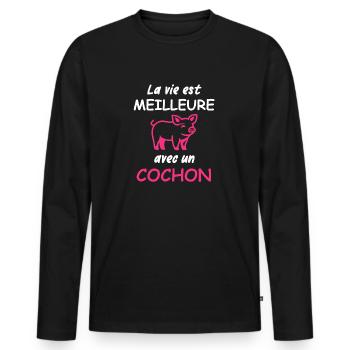Le vie est meilleure avec un cochon - T-shirt manches longues Premium bio Homme - noir - Devant - Nico (187cm)
