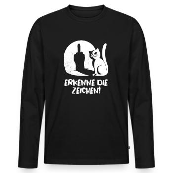 Erkenne die Zeichen Katze Mittelfinger Spruch - Männer Premium Bio Langarmshirt - Schwarz - Vorne - Nico (187cm)