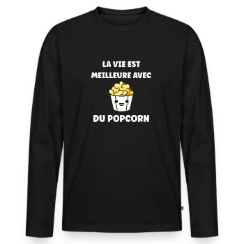 Humour pot de popcorn - T-shirt manches longues Premium bio Homme - noir - Devant - Nico (187cm)