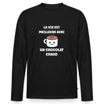 Humour petit chocolat chaud - T-shirt manches longues Premium bio Homme - noir - Devant - Nico (187cm)