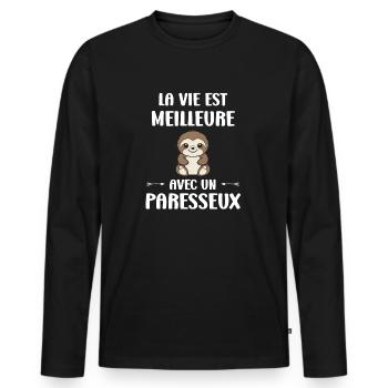 Animal humour paresseux - T-shirt manches longues Premium bio Homme - noir - Devant - Nico (187cm)