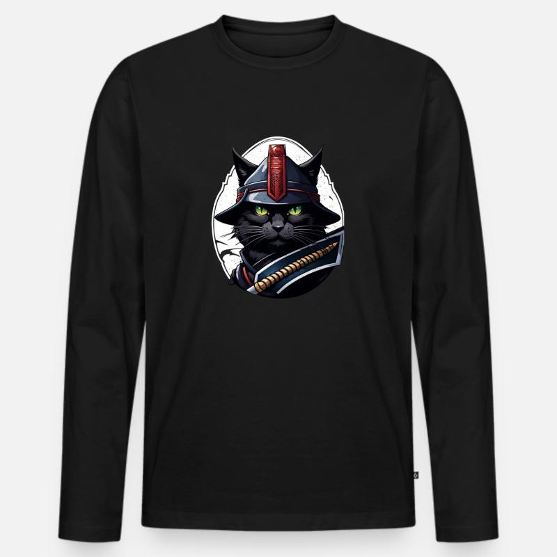 Ninja Katze - Samurai Kätzchen - Männer Premium Bio Langarmshirt - Schwarz
