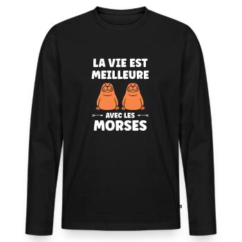 Animal humour Morse - T-shirt manches longues Premium bio Homme - noir - Devant - Nico (187cm)