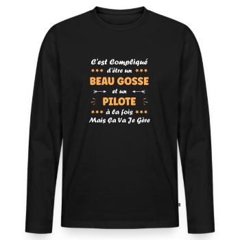 pilote - T-shirt manches longues Premium bio Homme - noir - Devant - Nico (187cm)
