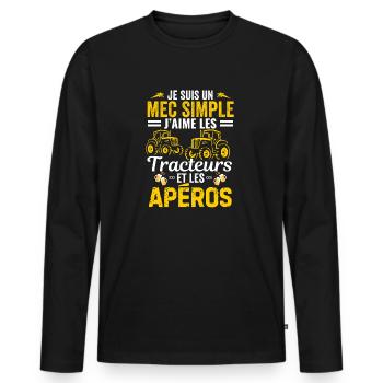 je suis un mec simple j'aime tracteurs et l'apéro - T-shirt manches longues Premium bio Homme - noir - Devant - Nico (187cm)