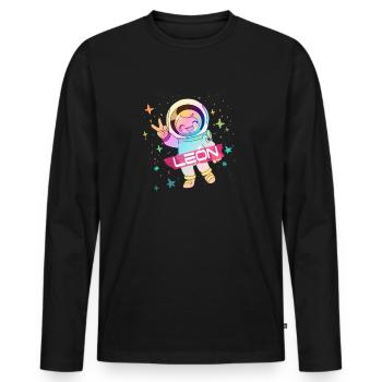 LEÓN - Schöner Jungen Name mit süßem Astronaut - Männer Premium Bio Langarmshirt - Schwarz - Vorne - Nico (187cm)