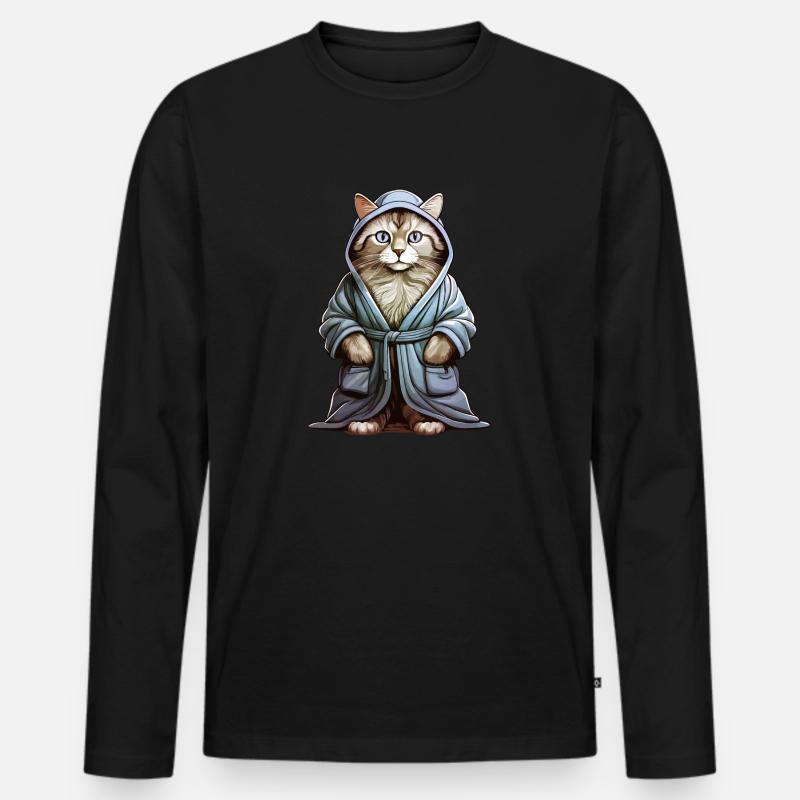 KATZE BADEMANTEL - Männer Premium Bio Langarmshirt - Schwarz