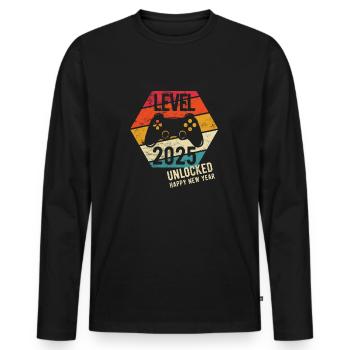 Bonne Année Niveau 2025 débloqué - T-shirt manches longues Premium bio Homme - noir - Devant - Nico (187cm)