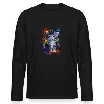 Bunte Aquarell Katze Mit Spritzern - Männer Premium Bio Langarmshirt - Schwarz - Vorne - Nico (187cm)