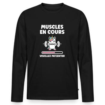 Humour musculation - T-shirt manches longues Premium bio Homme - noir - Devant - Nico (187cm)