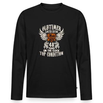 parody birthday motive 48 years oldtimer rocker - Männer Premium Bio Langarmshirt - Schwarz - Vorne - Nico (187cm)