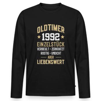 LUSTIG 34. GEBURTSTAG OLDTIMER 1992 EINZELSTÜCK - Männer Premium Bio Langarmshirt - Schwarz - Vorne - Nico (187cm)