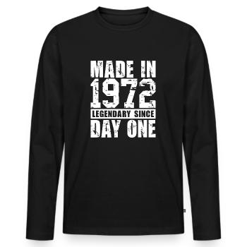 Hergestellt 1972, legendär seit dem ersten Tag - Männer Premium Bio Langarmshirt - Schwarz - Vorne - Nico (187cm)